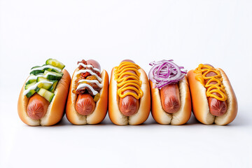 Close-up of hot dogs with toppings, American street food concept, hyper-realistic, isolated on white background