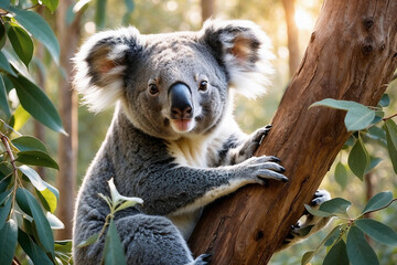 Fototapeta premium Curious Koala with Alert Expression Resting on Tree Against Blurred Forest Background