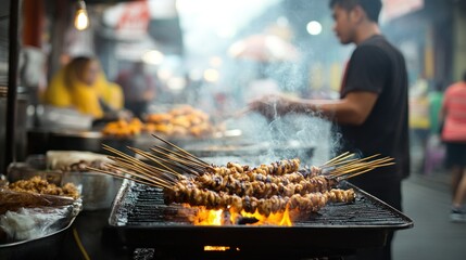 Fototapeta premium A bustling street vendor selling freshly grilled satay skewers over a charcoal fire, with smoke rising and the scent of spices filling the air