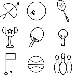sport icon set outline. Archery,  bowling, racket, golf, etc.