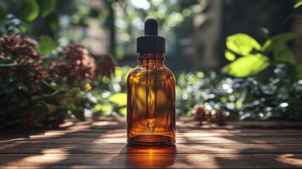 Amber glass dropper bottle surrounded by greenery.