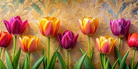 Fototapeta premium Intricate Tulip Blossom Mural in Stucco - High Depth of Field Photography of Floral Patterns and Textures for Interior Design Inspiration