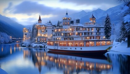 Fototapeta premium Winter Wonderland. Majestic Hotel Illuminates a Snowy Mountain Village by the Lake at Sunset