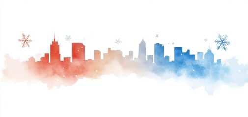 Fototapeta premium A colorful watercolor skyline featuring iconic buildings and a festive winter atmosphere with soft snowflakes.