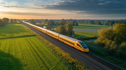 Yellow High-Speed Train Moving Through Green Fields With Blue Sky
