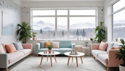 Scandinavian living room interior design zoom background,Doodle Galaxy patterned wallpaper graphics