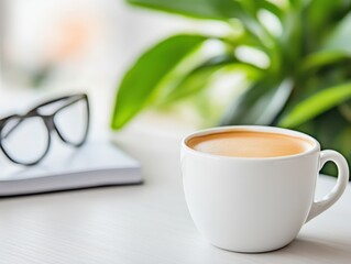 A cozy scene featuring a cup of tea beside glasses and a plant, perfect for relaxation or work moments.