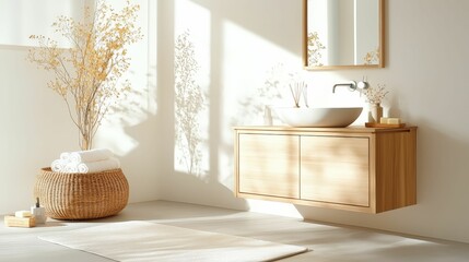 Fototapeta premium A bright, stylish bathroom featuring a wooden vanity, round basin, wall mirror, and soft decor elements, creating a serene atmosphere.
