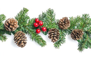 new year festive garland made of pine branches, cones and berries, isolated on a white background