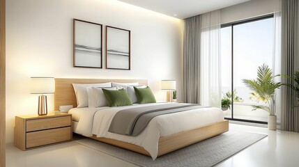 Fototapeta premium A modern bedroom featuring a cozy bed with green accent pillows, a stylish bedside table, and large windows that let in natural light.