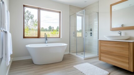 A modern bathroom featuring a freestanding tub, glass shower, wooden vanity, and large window with a serene outdoor view.