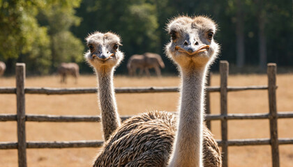 Two ostriches look curiously at the camera while standing near a wooden fence