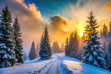 Misty Winter Mountain Path in Silhouette with Snow-Covered Evergreen Trees and Ethereal Atmosphere for Nature Lovers and Adventurers
