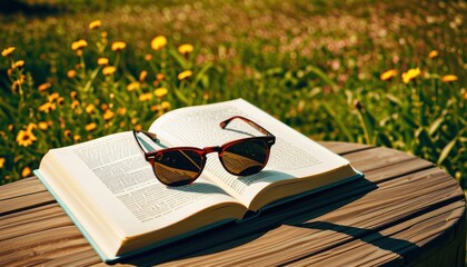 Open book with a sunglass on the grass background