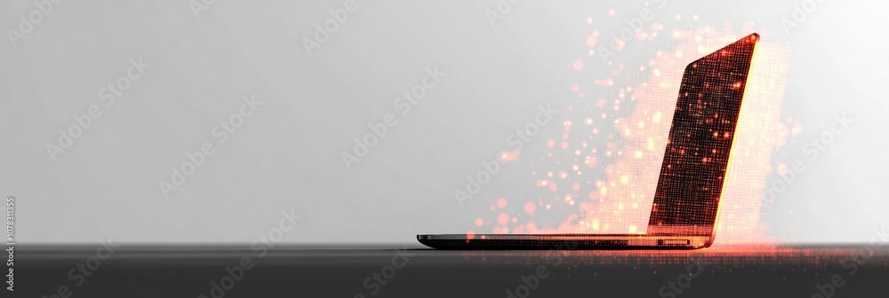 Aufkleber A sleek laptop emits vibrant pixel elements, illuminating a clean workspace with a touch of modern digital creativity. Generative AI