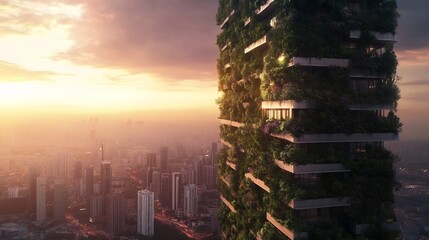 Lush Vertical Garden Adorning Towering Skyscraper in Vibrant Urban Landscape