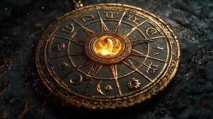 Obraz premium Golden compass with glowing center on dark stone