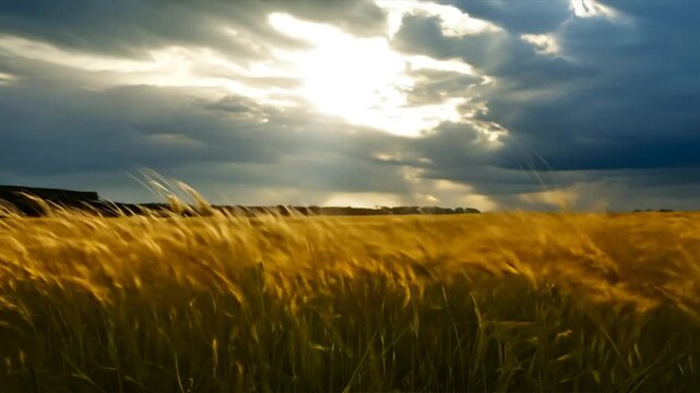 Golden grass swaying in wind under dramatic sky filled with clouds, capturing essence of summers sunlight in breathtaking nature landscape.