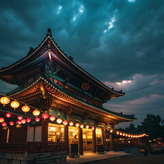 Fototapeta premium Majestic Temple Illuminated: Lights Against a Darkened Sky