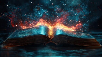 Mystical open book with glowing flames
