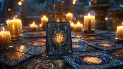 Tarot cards and astrological charts laid out on a wooden table, glowing candles in the background