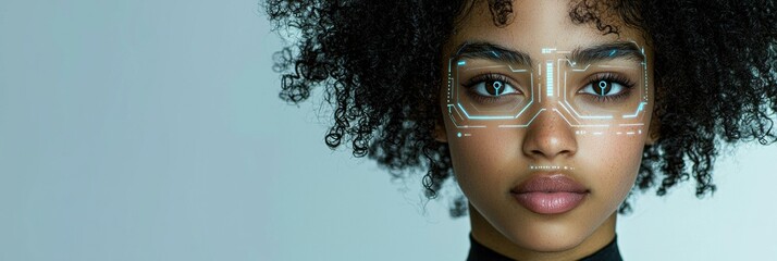 A woman with a futuristic digital interface over her eye. AI.