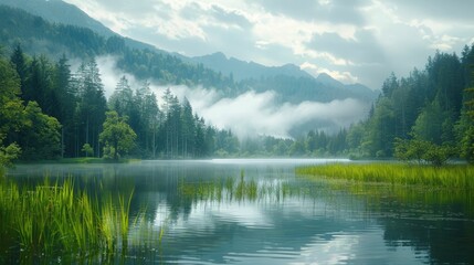 A tranquil lake scene with mist rising from the water, surrounded by lush green forests and distant mountains. The soothing ambiance is perfect for relaxation and nature lovers