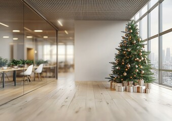 A decorated Christmas tree stands in an office space with gifts underneath. AI.