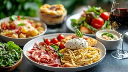 A classic Italian menu featuring an antipasto platter with prosciutto and mozzarella
