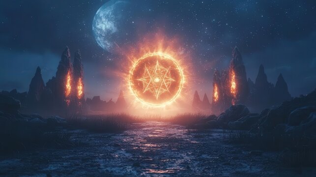 Zodiac signs aligned with symbols of the four elements under a mystical moonlit sky