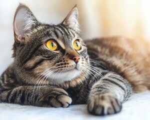 A tabby cat with bright yellow eyes looks up curiously. AI.