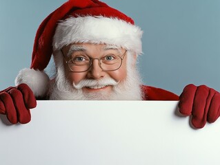 Naklejka premium Smiling Santa Claus holding a white board. The white board is blank and the man is wearing red gloves