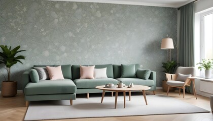 Scandinavian living room interior design zoom background,Doodle Galaxy patterned wallpaper graphics