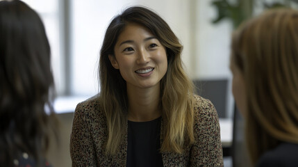 Fototapeta premium Diversity, Equality: Smiling woman engaging in discussion with colleagues in office