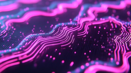 Explore the vibrant flow of digital waves and data patterns illuminated in neon colors