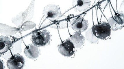 Clear, translucent cherry in a close-up X-ray style, water droplets glistening on top, large negative space, oblique angle on a white background