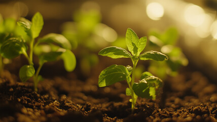 室内で輝く若い苗木