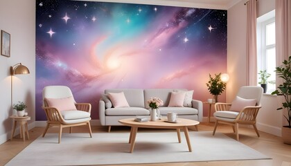 Fototapeta premium Scandinavian living room interior design zoom background,Doodle Galaxy patterned wallpaper graphics