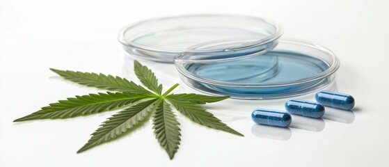 A cannabis leaf,  dishes, and capsules. AI.