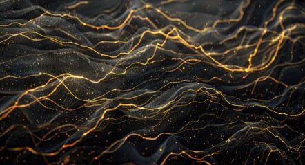 Golden Grunge Background. Black Background With Textures Of Waved Golden Lines
