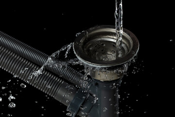 Drain sink leak water from pipe plumbing in bathroom as water splash clogged drop. Pouring Leaking water from gray plastic pipe drain sink. Black background isolated