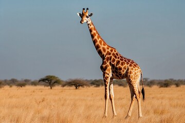 Obraz premium Curious Giraffe Standing Alert in Golden Savanna Under Clear Blue Sky