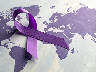 3D Purple Awareness Ribbon on Light Purple World Map Background