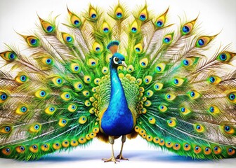 Fototapeta premium Vibrant Surreal Peacock Displaying Colorful Feathers Against a Pure White Background for Stunning Visual Impact