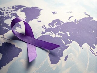 3D Purple Awareness Ribbon on Light Purple World Map Background