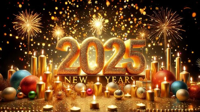 New Year 2025 Celebration | Golden Glittering 3D Animation with Festive Particles and Fireworks