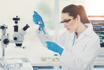 Woman, scientist and syringe in lab with blood sample, tube or process with study for virus dna....