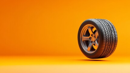 Tire is shown on a yellow background. The tire is in the center of the image and is the main focus....