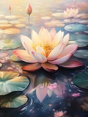 A single pink water lily blooms in a pond with lily pads and a soft glow.