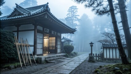 Traditional Japanese dojo exterior in morning mist with kendo equipment